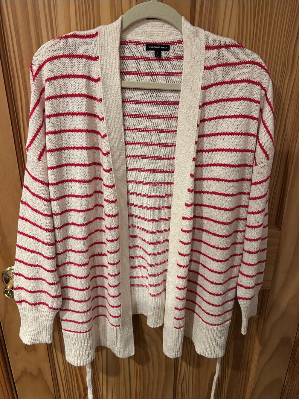 Who What Wear Cream & Red Striped Open-Front Cardigan